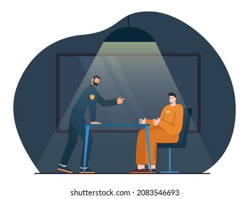 Interrogation Of Suspect Criminal By Detective In Police Office. Cop Interrogating Prisoner In Dark Room Under Light Of Lamp Flat Vector Illustration. Psychology Of Crime, Investigation Concept