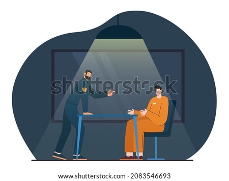 Interrogation of suspect criminal by detective in police office. Cop interrogating prisoner in dark room under light of lamp flat vector illustration. Psychology of crime, investigation concept
