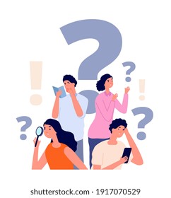 Interrogative concept. Flat people search, woman holding magnifier. Group investigation, searching solution answers. Ask person utter vector concept