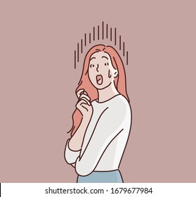 What? Interrogative face. Shock and bewilderment. Anger on the face of a woman. Hand drawn style vector design illustrations.