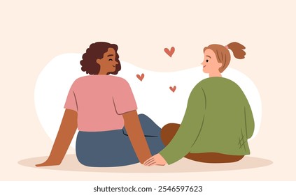 Pareja LGBTQ interracial en una cita. Concepto de igualdad de amor con pareja femenina gay enamorada. Vector dibujado a mano aislado 