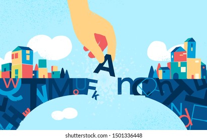 Interrupted bridge made of letters. Vector illustration