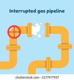 Ilustración de gasoductos interrumpidos, pancarta, concepto de publicidad de crisis global, señal de suministro y demanda de energía, vector de comercialización, rueda de válvulas de tubería industrial, aislada en segundo plano