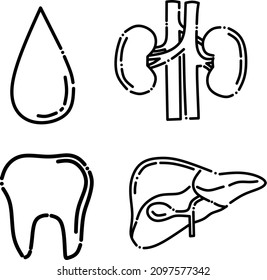 Interrupted line art black vector medical icon set of various human organs 