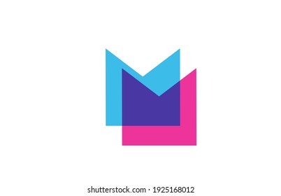 intersected M letter logo icon for company. Blue and pink alphabet design for business and corporate