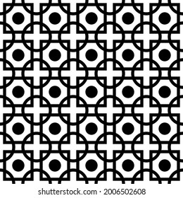 intersected outline squares and circles, monochrome vector geometrical seamless pattern