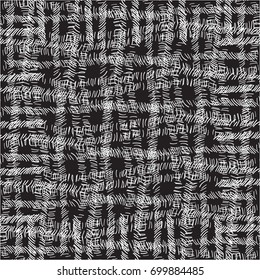Intersecting 4 lines of dashes that form a cage on black background.white stitches in different directions. Freehand drawing vector design. Black and white seamless pattern,
modern stylish texture.