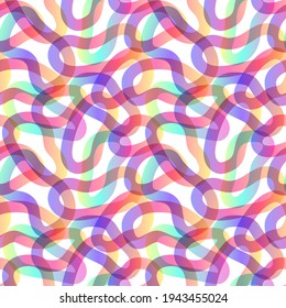 Intersecting bright transparent rounded gradient geometric shapes on white background, trendy abstract seamless pattern.