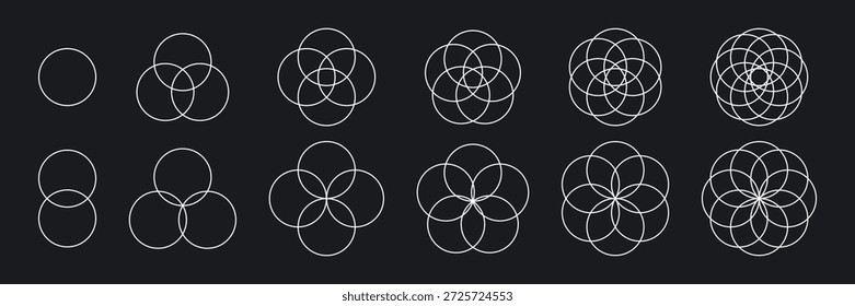 Intersecting circles set. Circle Venn diagram with four, five and six parts. Infographic chart line icon. 2,3,4 overlap balance elements diagram. Vector illustration isolated on black background.