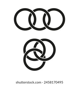 Intersecting circles vector design. Overlapping black rings illustration. Concept of connection and unity. Abstract geometric shapes graphic.