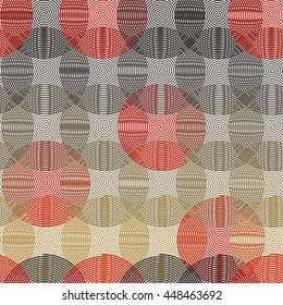 Intersecting circular spiral - beige, gray, red a seamless pattern on a white background.