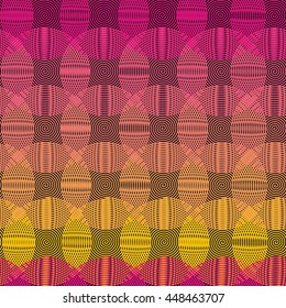 Intersecting circular spiral - yellow, orange, purple a seamless pattern on a black background.