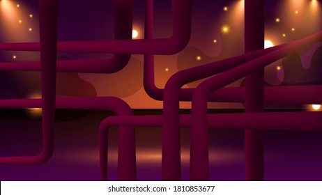 intersecting curved cylindrical shapes in a purple space illuminated by spotlights. abstract wallpaper with 3d effect. vector