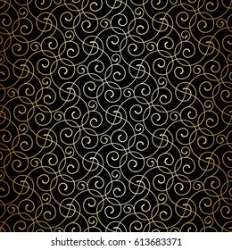 Intersecting curved elegant fine golden lines and scrolls forming abstract floral ornament. Seamless pattern for background, wallpaper, textile printing, packaging, wrapper.
