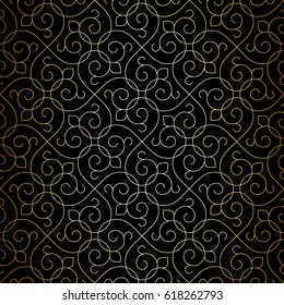 Intersecting curved elegant fine golden scrolls forming abstract floral ornament. Seamless pattern for background, wallpaper, textile printing, packaging, wrapper.
