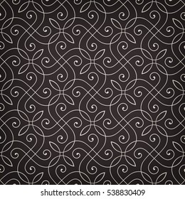 Intersecting curved elegant fine lines and scrolls forming abstract floral ornament on black. Seamless monochrome pattern for background, wallpaper, textile printing, packaging, wrapper, etc. 