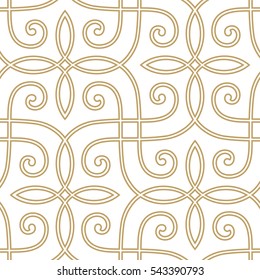 Intersecting curved elegant fine lines and scrolls forming golden abstract floral ornament on white background. Vector seamless pattern