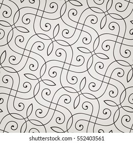 Intersecting curved elegant fine lines and scrolls forming abstract floral ornament. Seamless pattern for background, wallpaper, textile printing, packaging, wrapper, etc. 