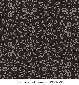Intersecting curved elegant fine lines and scrolls forming abstract floral ornament. Seamless pattern for background, wallpaper, textile printing, packaging, wrapper, etc. 