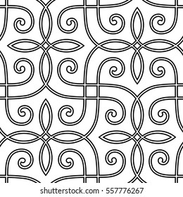 Intersecting curved elegant fine lines and scrolls forming abstract floral ornament. Seamless pattern for background, wallpaper, textile printing, packaging, wrapper, etc.  