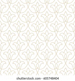Intersecting curved elegant fine lines, flowers and scrolls forming linear abstract floral ornament. Seamless pattern for background, wallpaper, textile printing, packaging, wrapper, etc.