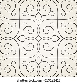 Intersecting curved elegant fine lines and scrolls forming abstract floral ornament. Seamless pattern for background, wallpaper, textile printing, packaging, wrapper.
