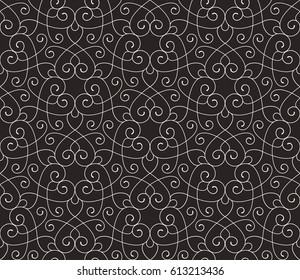 Intersecting curved elegant fine lines and scrolls forming abstract floral ornament. Seamless pattern for background, wallpaper, textile printing, packaging, wrapper.