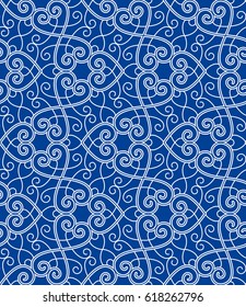 Intersecting curved elegant fine lines scrolls forming abstract floral ornament in blue colors. Seamless pattern for background, wallpaper, textile printing, packaging, wrapper.