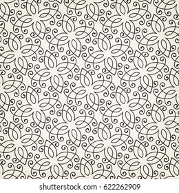 Intersecting curved elegant fine lines and scrolls forming abstract floral ornament. Seamless pattern for background, wallpaper, textile printing, packaging, wrapper, etc. 