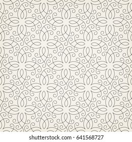Intersecting curved elegant fine lines and scrolls forming abstract floral ornament. Seamless pattern for background, wallpaper, textile printing, packaging, wrapper, etc.
