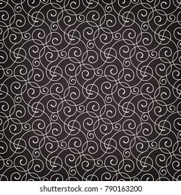 Intersecting curved elegant fine lines and scrolls forming abstract floral ornament. Seamless pattern for background, wallpaper, textile printing, packaging, wrapper.