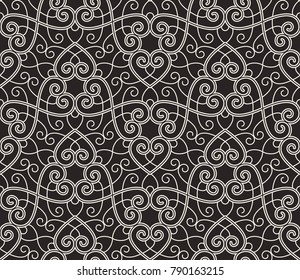 Intersecting curved elegant fine lines and scrolls forming abstract floral ornament. Seamless pattern for background, wallpaper, textile printing, packaging, wrapper.