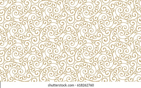Intersecting curved elegant golden lines and scrolls forming abstract floral ornament. Seamless pattern for textile printing, packaging, wrapper, etc. 
