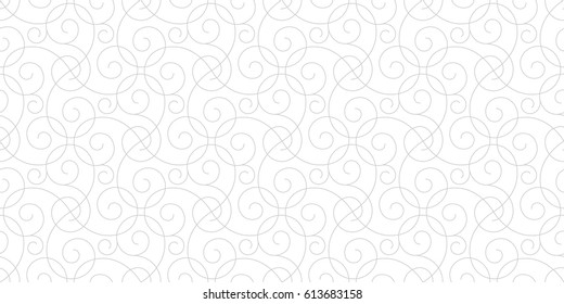 Intersecting curved elegant grey fine lines and scrolls on white background forming abstract floral white texture. Seamless pattern for background, wallpaper, textile printing, packaging, wrapper. 