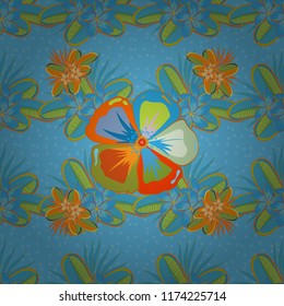 Intersecting curved elegant stylized cosmos flowers, leaves and scrolls forming abstract floral. Arabesque. Vintage abstract vector floral seamless pattern in green, orange and blue colors.