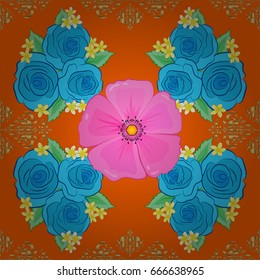 Intersecting curved elegant stylized cosmos flowers, leaves and scrolls forming abstract floral and golden ornament. Arabesque. Vintage abstract vector floral seamless pattern on a orange background.