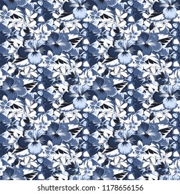 Intersecting curved elegant stylized ditsy hibiscus flowers, leaves and scrolls forming abstract floral ornament. Vintage abstract vector floral seamless pattern in white, blue and violet colors.