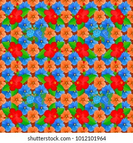 Intersecting curved elegant stylized flowers, leaves and scrolls forming abstract floral ornament in Arabesque style. Vintage abstract vector floral seamless pattern in green, blue and orange colors.
