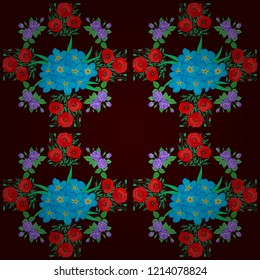 Intersecting curved elegant stylized forget-me-not flowers, leaves and scrolls forming abstract floral ornament. Vintage abstract vector floral seamless pattern in red, brown and blue colors.
