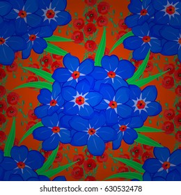 Intersecting curved elegant stylized forget-me-not flowers, leaves and scrolls forming abstract floral ornament in Arabic style. Vintage abstract vector floral seamless pattern on a orange background.