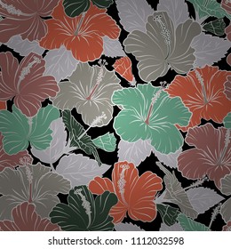 Intersecting curved elegant stylized hibiscus flowers, leaves and scrolls forming abstract floral ornament. Vintage abstract vector floral seamless pattern in beige, gray and green colors.