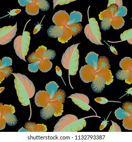 Intersecting curved elegant stylized hibiscus flowers, leaves and scrolls forming abstract floral ornament. Vintage abstract vector floral seamless pattern in black, orange and green colors.