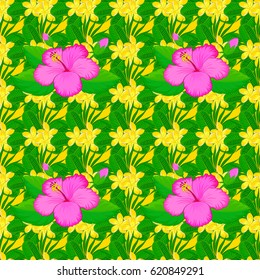 Intersecting curved elegant stylized hibiscus and plumeria flowers, leaves and scrolls forming afloral ornament in Arabic style. Vintage abstract vector floral seamless pattern on a yellow background.