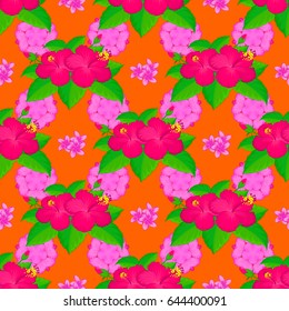 Intersecting curved elegant stylized hibiscus flowers, leaves and scrolls forming abstract floral ornament in Arabic style. Vintage abstract vector floral seamless pattern on a orange background.