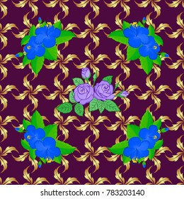Intersecting curved elegant stylized hibiscus flowers, leaves and golden abstract ornament in Arabic style. Vintage abstract vector floral seamless pattern in green, blue and purple colors.