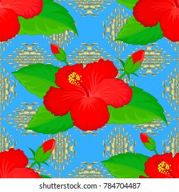 Intersecting curved elegant stylized hibiscus flowers, leaves and golden ornament in Arabic style. Vintage abstract vector floral seamless pattern in red, green and blue colors.