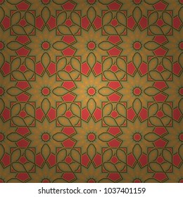 Intersecting curved elegant stylized leaves and scrolls forming in green, yellow and orange colors. Abstract floral ornament in Arabic style. Vintage abstract floral seamless pattern. Vector design.