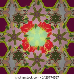 Intersecting curved elegant stylized leaves and scrolls forming abstract floral ornament in Arabic style. Vintage abstract vector floral seamless pattern in green, beige and purple colors. Arabesque.