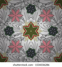 Intersecting curved elegant stylized leaves and scrolls forming abstract floral ornament in Arabic style. Vintage abstract vector floral seamless pattern in white, pink and green colors. Arabesque.