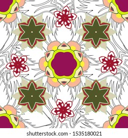 Intersecting curved elegant stylized leaves and scrolls forming abstract floral ornament in Arabic style. Vintage abstract vector floral seamless pattern in beige, white and green colors. Arabesque.